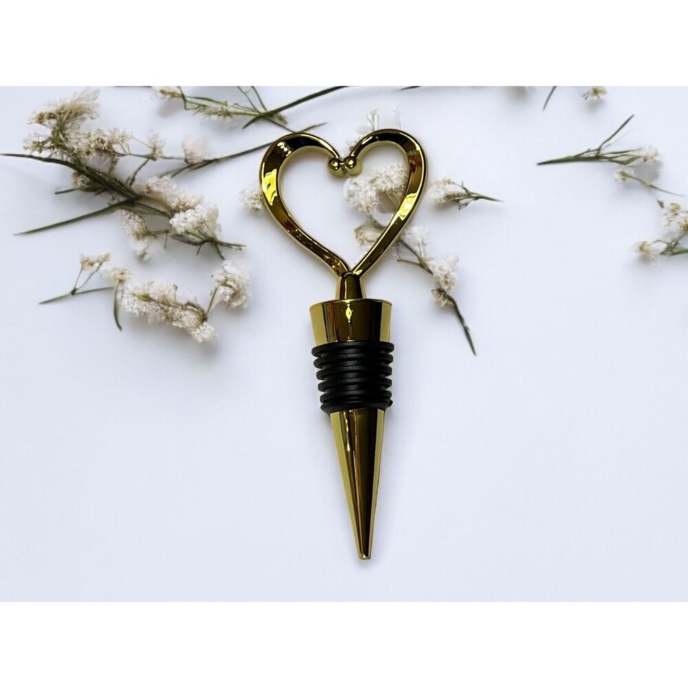 Deluxe Gold Heart Shaped Wine Bottle Stopper with Organza Bag